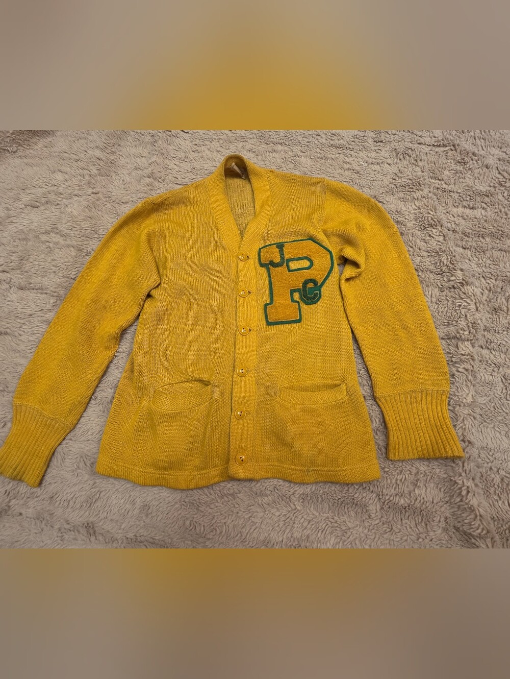 Vintage 40's Or 50's Mustard Yellow Button-Up Wool Cardigan with Letter Patch S